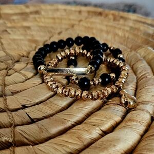 WARRIOR Black and Gold stone Beaded Bracelet Set. New!